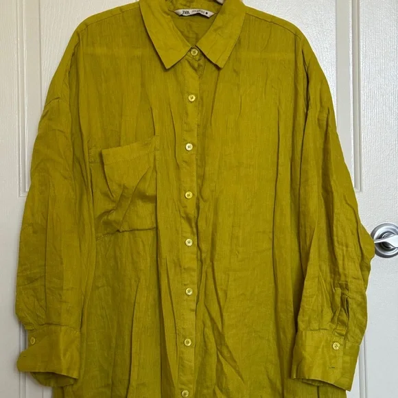 ZARA Chartreuse/ Lime green Linen Shirt Dress XXL - Picture 4 of 9